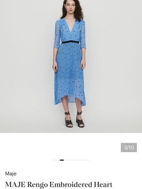 MAJE Rengo Blue Embroidered Heart Pleated Midi Dress Size 3/L